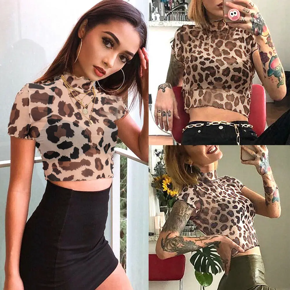 

Fashion Women Short Sleeve Top Leopard Sheer Mesh Crop Tops Sexy T-Shirts Summer Women Clothes Streetwear
