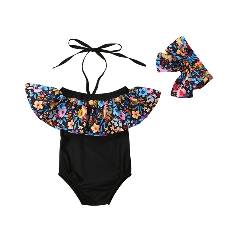 Toddler Kids Baby Girls Bodysuit Summer Sleeveless Black Flower Ruffle Swimwear Bikini Tankini Swimsuit Bathing Suit 2PCS | Детская