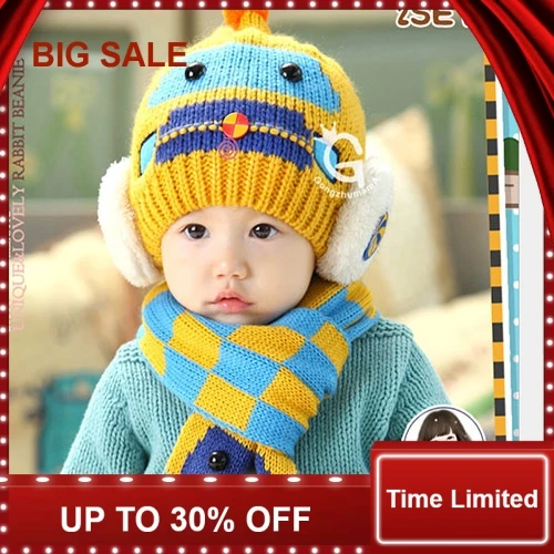

Winter New Arrival Cute Baby Girl Boy Kids Knitted Hat Scarf Set Contrast Color Patterns Warm Cap Neck Warmer Two-Piece Set