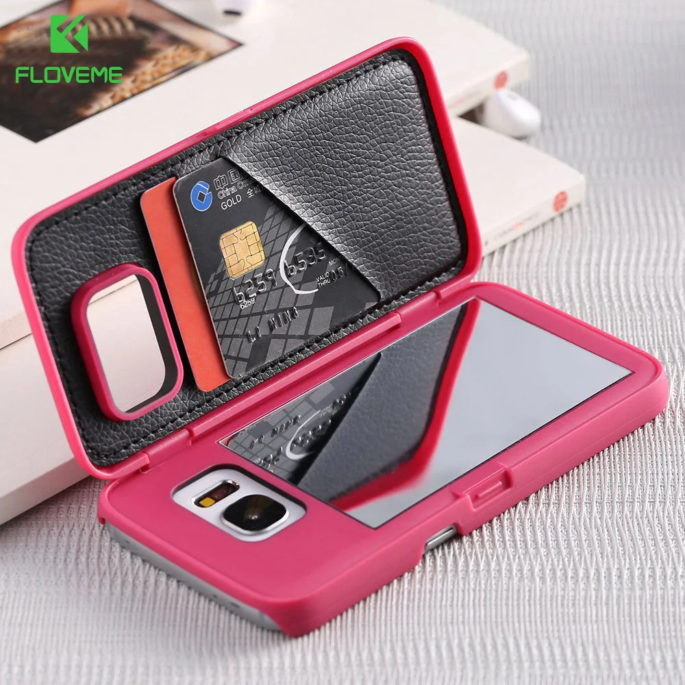 

FLOVEME Makeup Mirror For Samsung Galaxy S8 Plus S7 Edge Case With Card Slot Phone Cases For Samsung Galaxy S7 S8 Hard Flip Case
