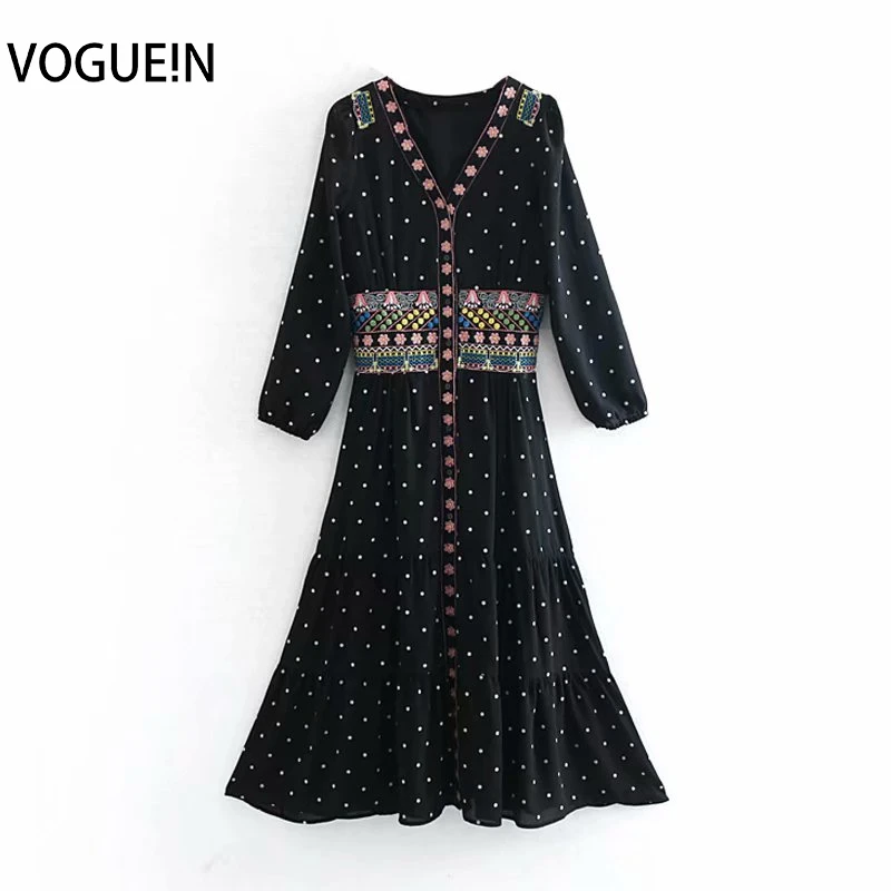 

VOGUEIN New Womens Retro Floral Embroidery Dot Print 3/4 Sleeve Black Chiffon Midi Dress Wholesale