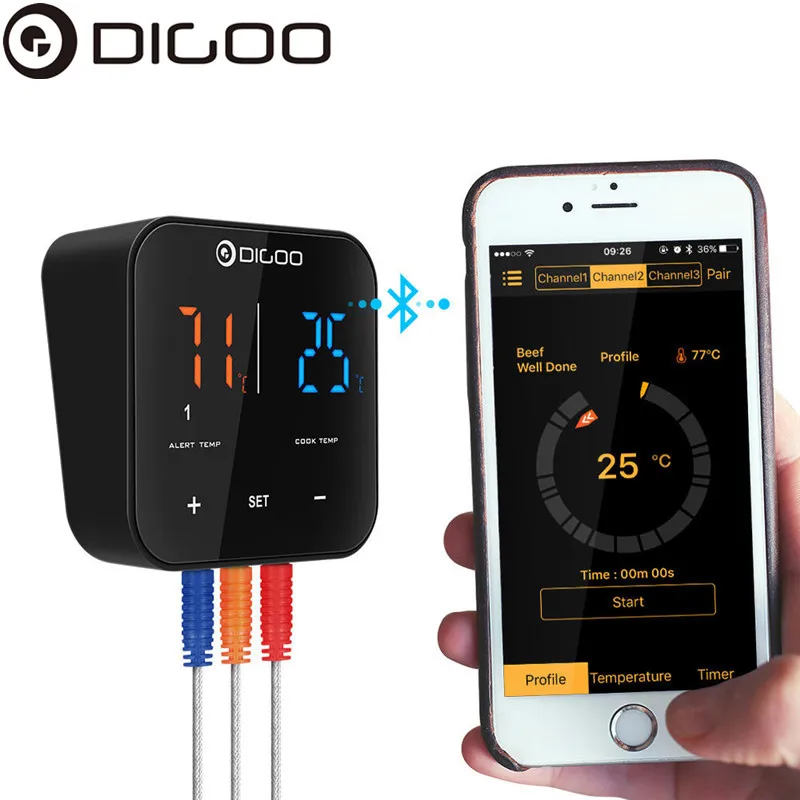 Günstige Digoo DG FT2303 Sonde Drei Kanäle Smart Bluetoorh BBQ Fleisch Thermometer Küche Kochen BBQ Food Thermometer Edelstahl