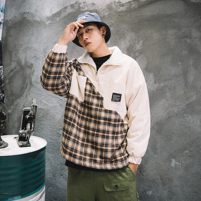 

2018 Japanese winter grid patchwork printing Cashmere thickened Cotton-padded clothes Men's wear loose casual Hip-hop coat