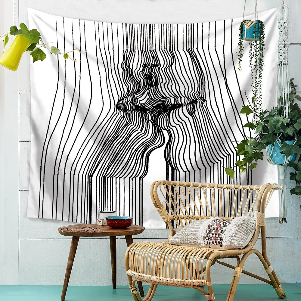 

3d Line Draw Abstract Mandala Tapestry Wall Hanging Hippie Boho Decor Kiss Psychedelic Wall Cloth Tapestries Figure Art Tapestry