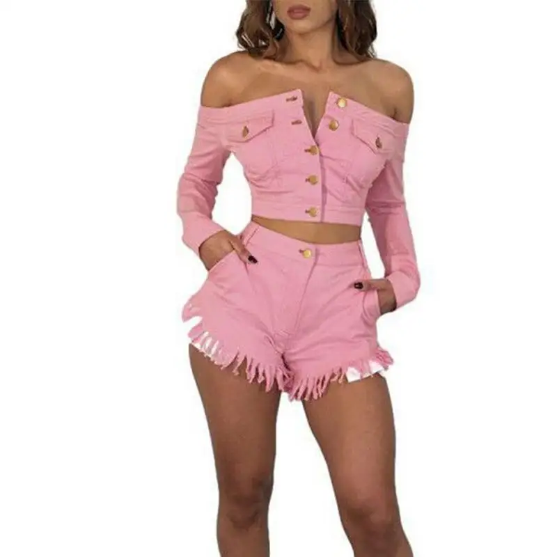 أنيقة اثنين من قطعة دعوى مثير الوردي خارج على الكتف طويل الأكمام سترة الدنيم شرابة السراويل دعوى السيدات قمم مجموعة تي شيرتات قصيرة للأطفال ...