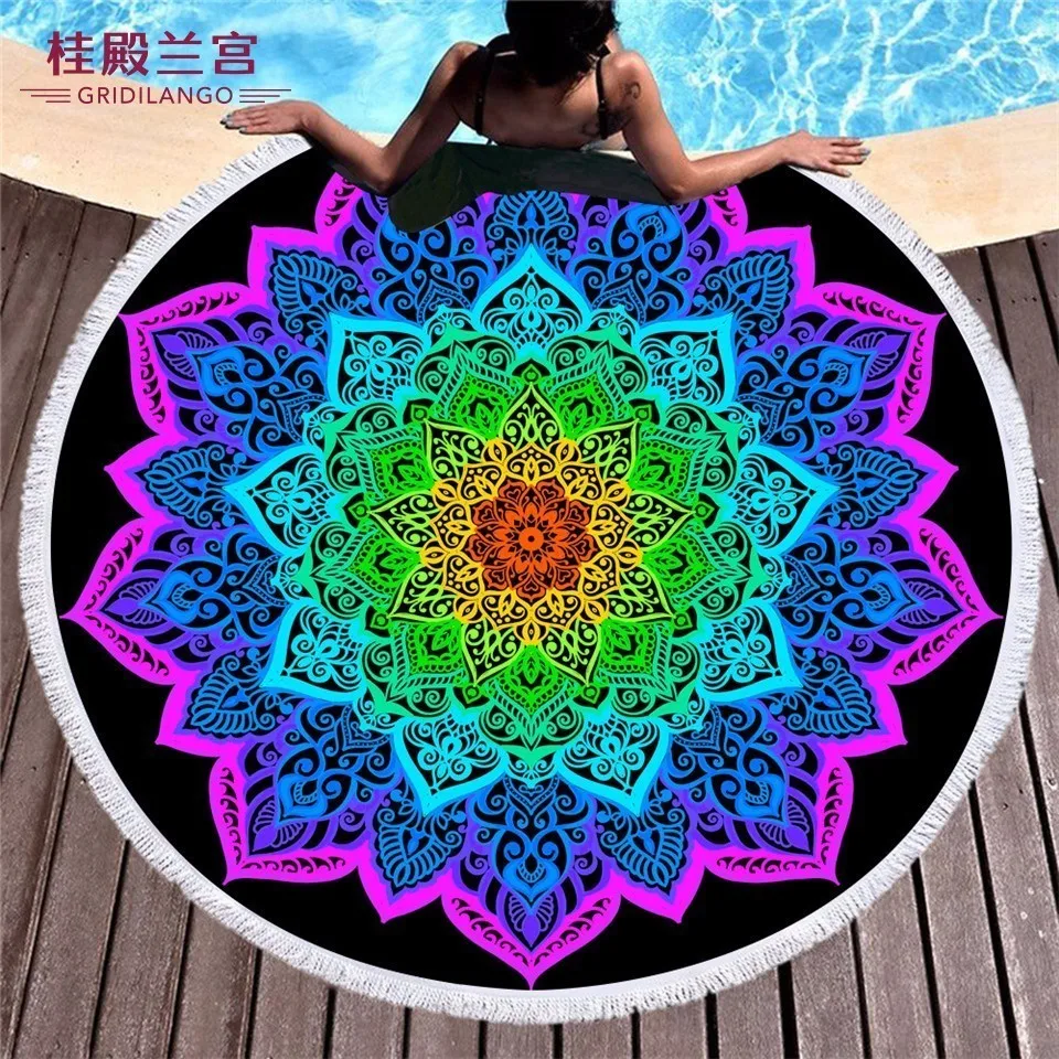 

GRIDILANGO Mandala Bohemian Color Round Beach Towel For Adult Microfiber Swimming Travel Blanket Geometric Bath Towel