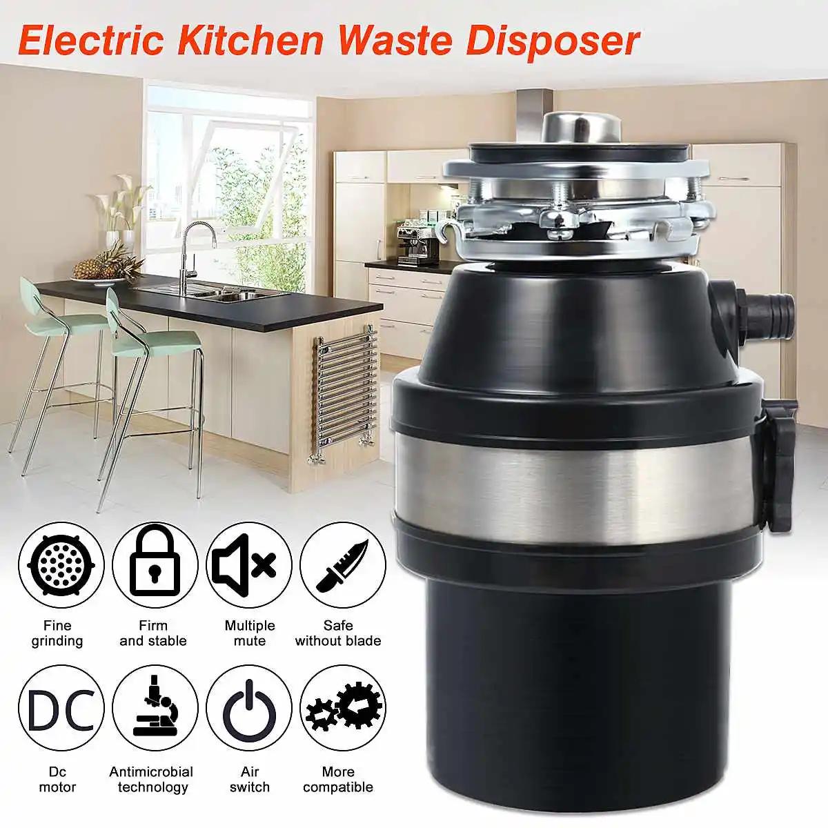 

370W 220V Waste Disposer Food Garbage Disposal Garbage Disposal With Power Cord US Plug Stainless Steel Grinder Air Switch