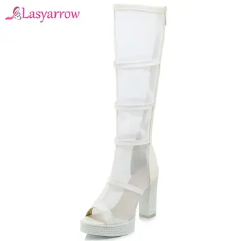 

Lasyarrow Black White High Heel Platform Knee High Gladiator Sandals Women Rome Square Heels Peep Toe Long Summer Boot Sandals
