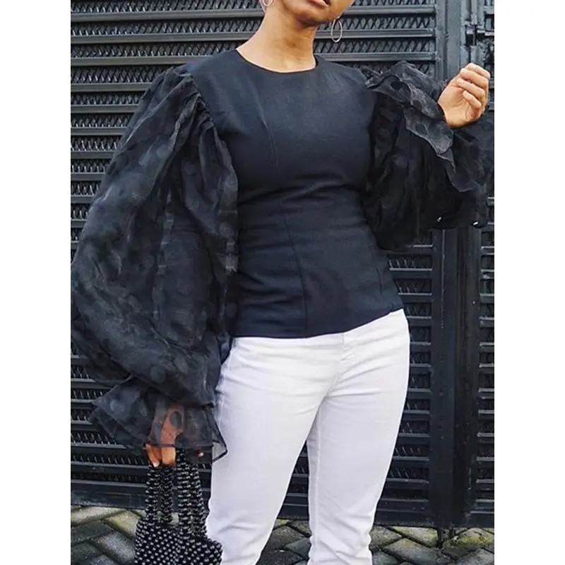

Summer Sexy Club Elegant Black Plus Size Women Blouses Casual Slim Black Office Lady Plain Chic Tops Lantern Sleeve Female Shirt