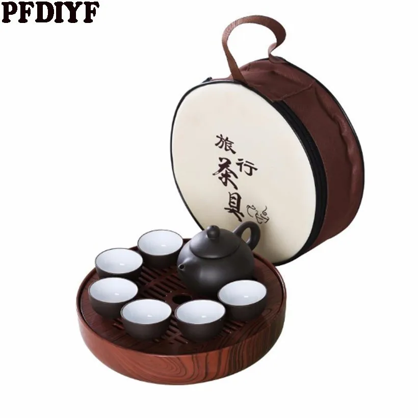 

Creative Outdoor Travel Tea Sets Portable Chinese Kung Fu Tea Set [1 Zisha Teapot + 6 Cups] with Tea Tray Carrying Bag As Gift