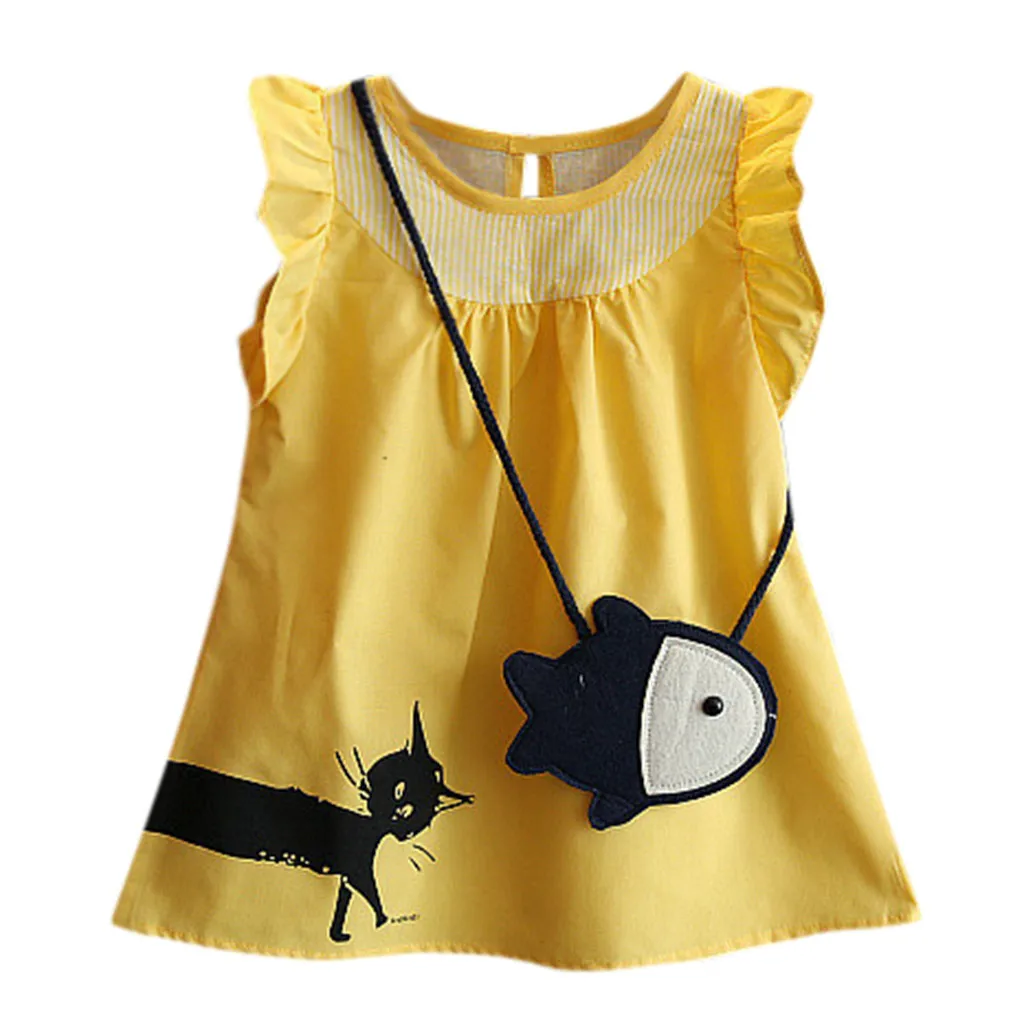

New Arrival Summer Princess Baby Girls Dresses Toddler Kid Baby Girl Sleeveless Cute Cartoon Fish Bag+cat Casual Princess Dress