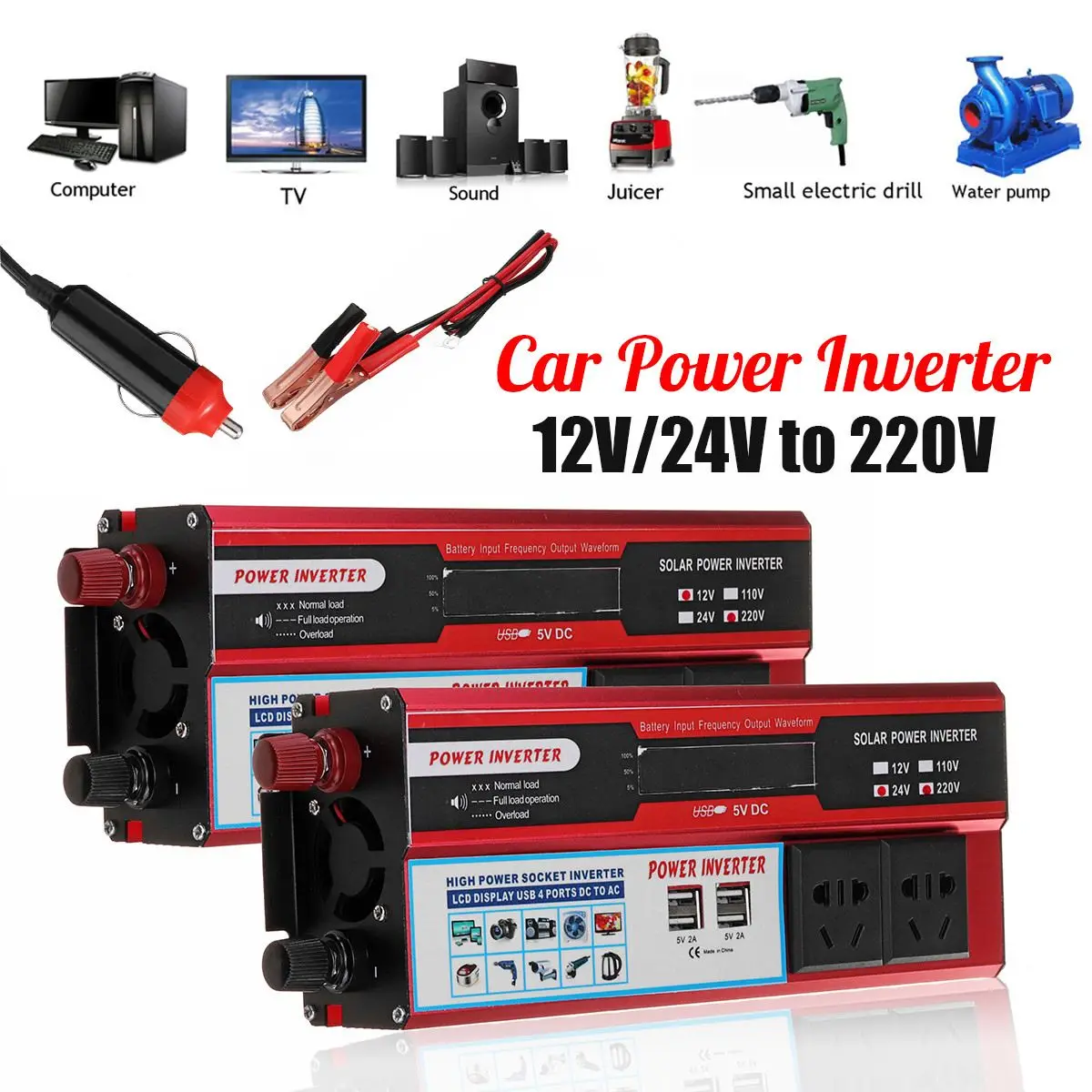 

Power Inverter DC 12V/24V To AC 220V P eak 2000W Modified Sine Wave USB Interface Converter Solar Voltage Transformer Universal
