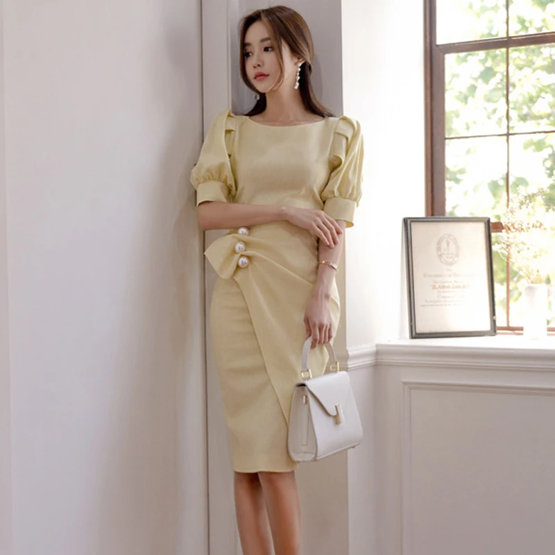 

Solid Color Pencil Dress Women 2019 Summer Ruched Ruched Pearls Bodycon Dresses Ol Casual Elegant Elegant Vestidos