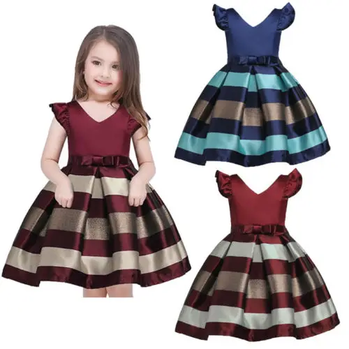 

Flower Kids Baby Bowknot Striped Girl Princess Formal Gown Party Pageant Dresses
