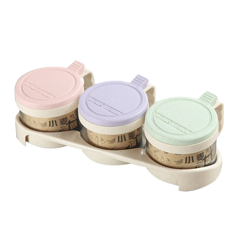 

3pcs Kitchen Glass Bottles Wheat Straw Airtight Condiment Sugar Spice Pepper Seasoning Rack Box Cruet Container (Random Color)