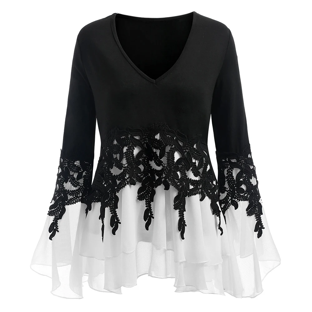 

Rosegal Plus Size Applique Layered Blouse Women Blouses 2019 Fall New Fashions V-Neck Long Sleeves Ladies Tops Blusas Clothing