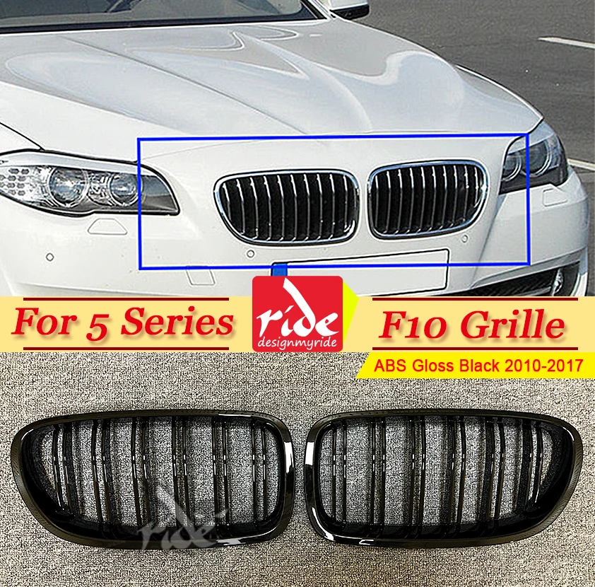 cheap F10 Grille ABS Gloss Black For 5 series F10 Double Slats Front Grills 520i 528i 530 535i 540i Front Bumper Kidney Grille 2010 17