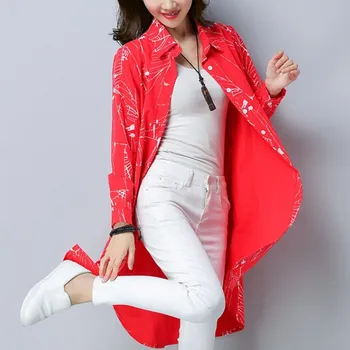 

2019 Fashion Spring Turn-Down Collar Long Sleeve Long Blouses Women Print Casual Loose Cotton Linen Thin Tops