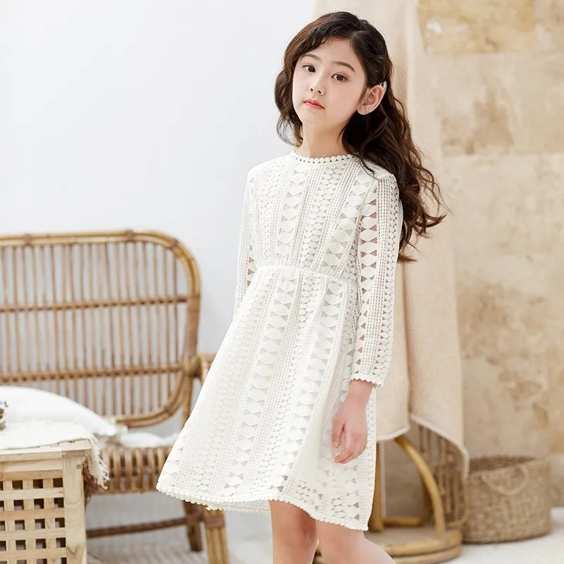 Kids Girl Long Sleeve Lace Wedding Party Dress - White Blue image 3