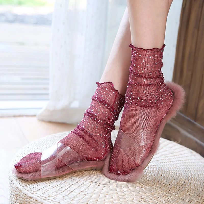 

SP&CITY Summer Rhinestone Decoration Transparent Lace Short Socks Stars Twinkle Women Shiny Socks Hollow Out Thin Ankle Socks
