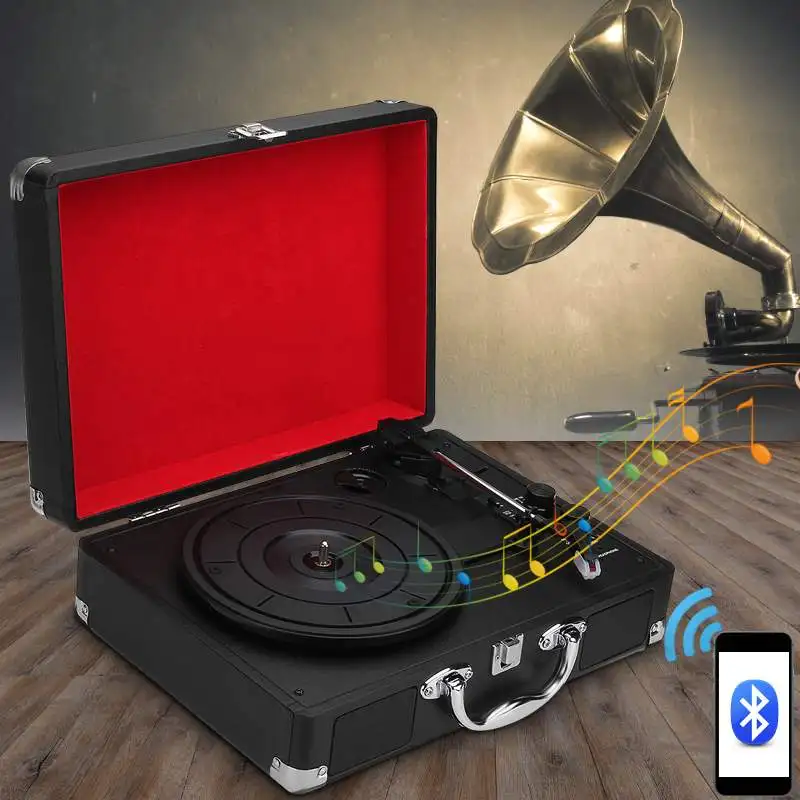 

3-Speed Plastic Wood Retro 33/45/78 RPM bluetooth PH/ INT/ bluetooth 2.0 Suitcase Turntable Vinyl LP Record Phone Player AUX IN