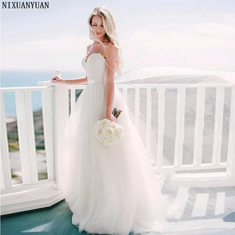 

Vintage White Tulle Beach Wedding Dress Floor Length Bridal Gowns Vestido Noiva Praia