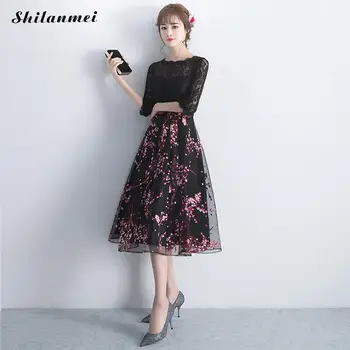 

2019 New Elegant Short Long Party Dress Female Black Mash Floral Hollow Design O Neck Summer Evening party Dresses Woman XXXL