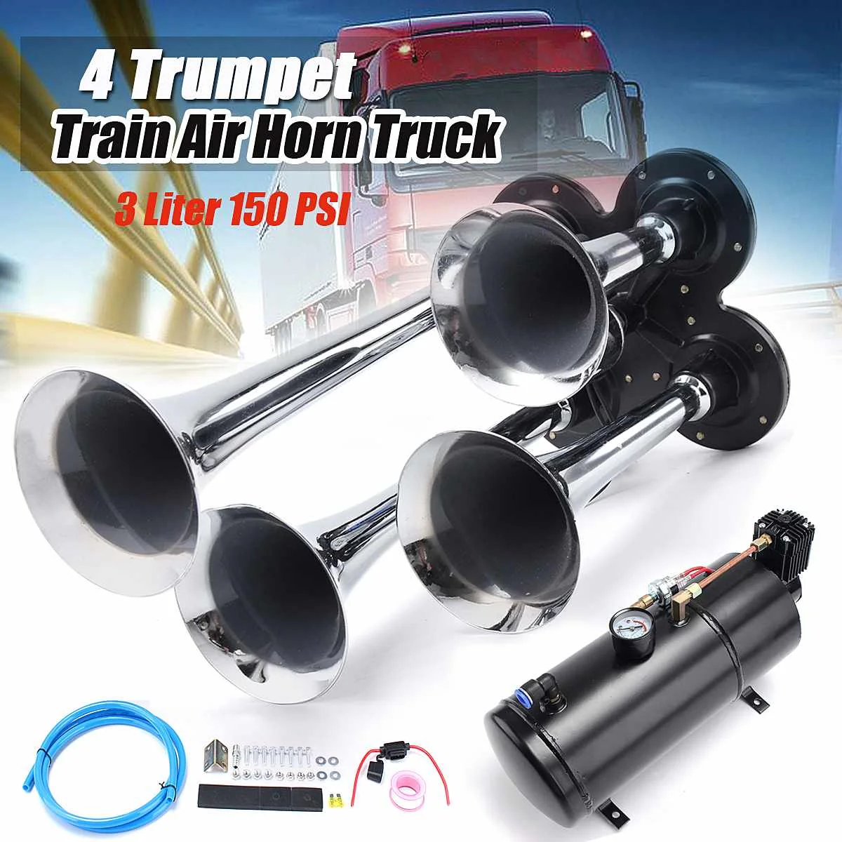 

12V 150.2 DB Universal Air Horn 3 Liter 150 PSI Air Compressor and 4 Trumpet Chrome for Train Truck High Pressure Air