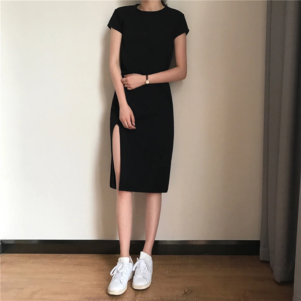 

Women's Summer Black Plain Short Sleeve Midi Dress 2019 Casual Sexy O-neck Split Shirt Dress Slim Plus Size S-3XL Party Clubwear