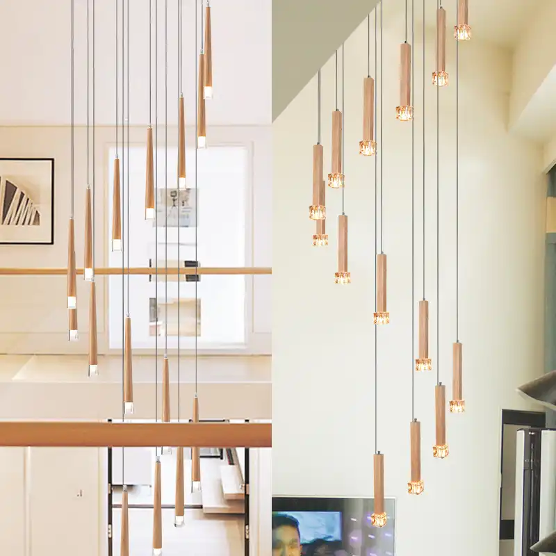 15 uds lampara de arana de madera de suspension de escalera larga luminaria led en espiral iluminacion para escalera de madera lamparas led g4 de