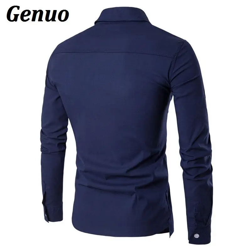 Genuo Весна Camisa Masculina тонкие модные мужские рубашки с длинным рукавом свадебные повседневные однотонные мужские облегающие рубашки размера плюс