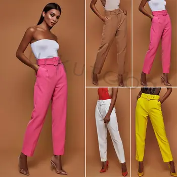 

Women Lady OL Loose Pants Summer Beach Regular Casual Ankle Length Ruffle High Waist Trousers Belt Pant