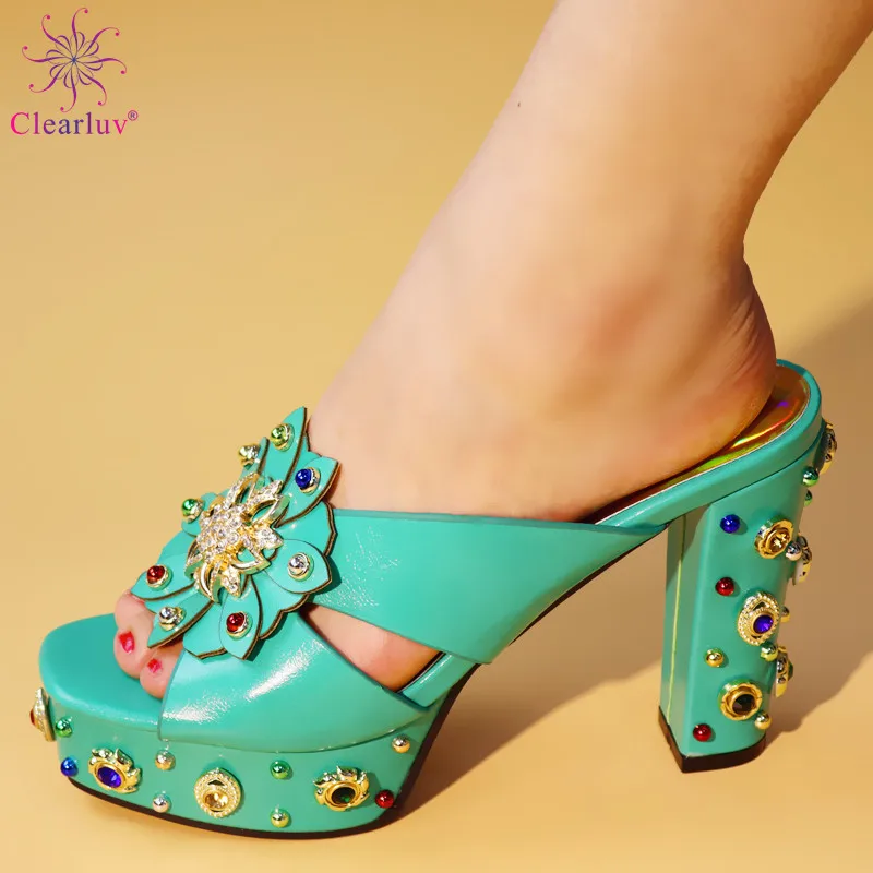 

New Green Italian Women Sandals Shoes Decorated with Rhinestone Open Toe Sexy Ladies Shoes Party New Arrival Wedding Shoe Pumps