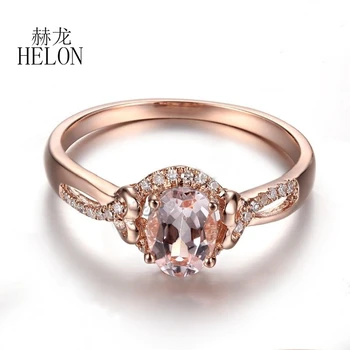 

HELON Solid 10K Rose Gold 7x5mm Oval Cut Flawless Morganite & Real Natural Diamonds Fine Ring Engagement Wedding Jewelry Ring