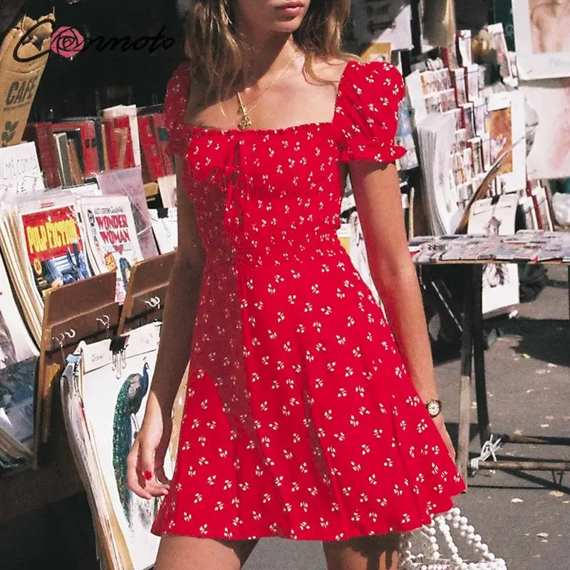 

Conmoto Summer Chiffon Red Short Dress Vintage Floral Print Loose Dress Elegant Lace up Party Mini Dress 2019 Women Summer Dress