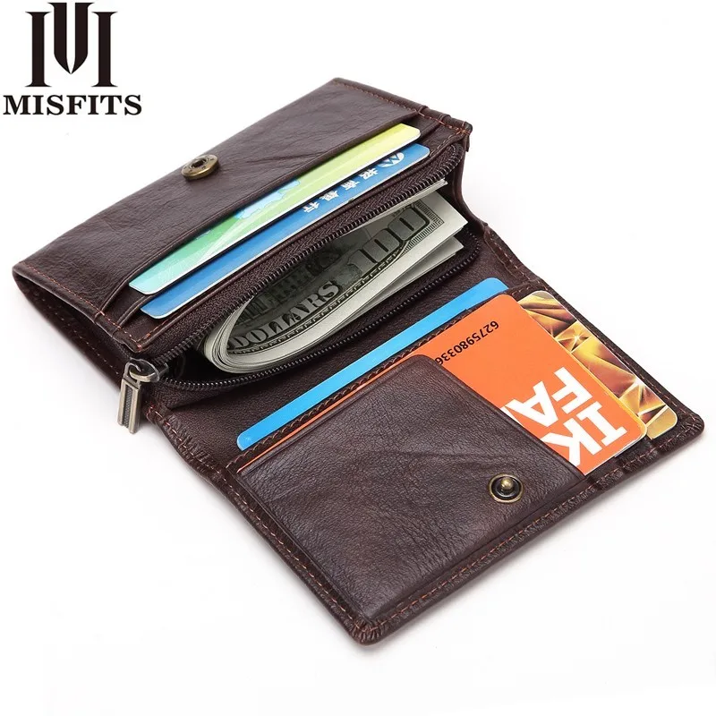 

MISFITS Brand Mini Wallet Genuine Leather Small Wallet Casual Hasp Men's Cow Leather Short Handy Zipper Coin Wallet Unisex Purse
