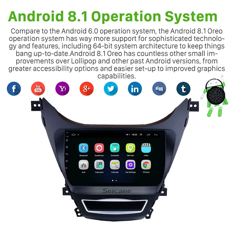 Sale Seicane Android 8.1 for 2012-2014 Hyundai Elantra 9" HD Touchscreen Radio Bluetooth GPS Navigation Multimedia Player SWC 1