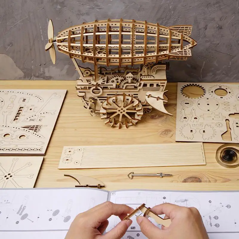 

AUGKUN Wooden Mechanical Transmission Assembly Model Innovative Boys Handmade DIY Gift Decoration Airship Music Box