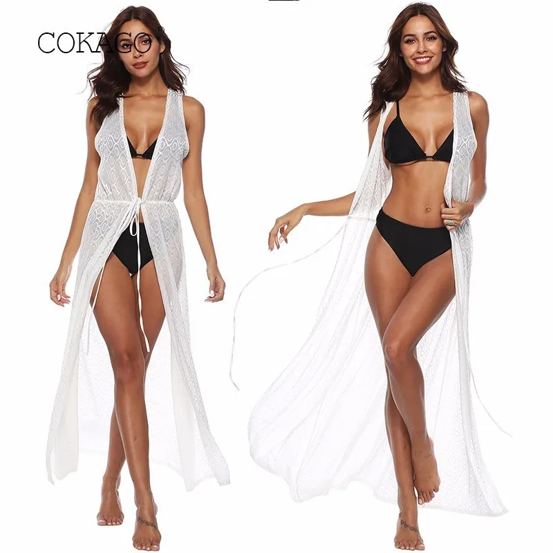 

COKAGO Sleeveless String Bikini Cover Up Beach Woman Summer Long White Beach Dress Tunic Women Swimsuit Female Vestido Playa