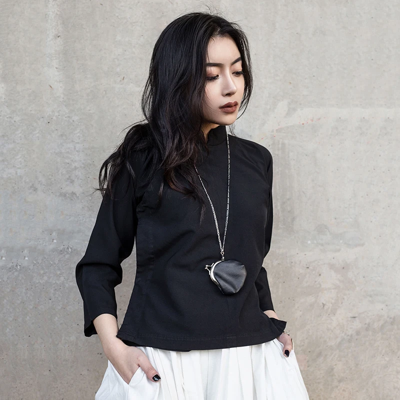 discounted  [EAM] 2020 New Autumn Winter Stand Collar Long Sleeve Black Loose Slanting Threshold Short Jacket W