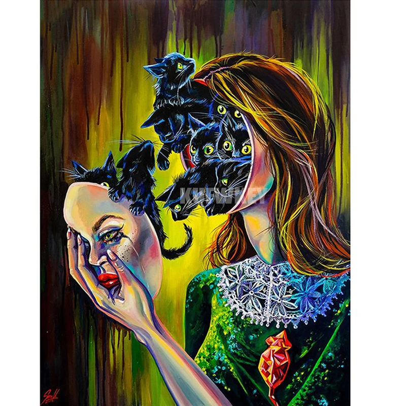 

5D Diy Diamond Painting Cat Mask Woman Full Square Diamond Embroidery Abstract Art Diamond Rhinestones Handmade Gift