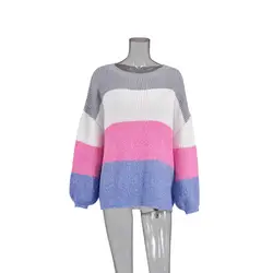 Повседневный полосатый Женский свитер и пуловеры зима осень длинный рукав розовый фиолетовый вязаный джемпер Повседневный свободный
