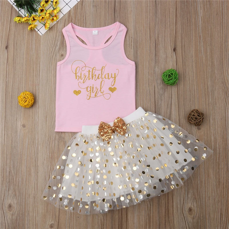 

2Pcs Girls Clothes Summer Birthday Kid Baby Sleeveless Vest Top+Skirt Mini Dress Toddler Girl Clothes Girlymax Summer Set 1-6Y