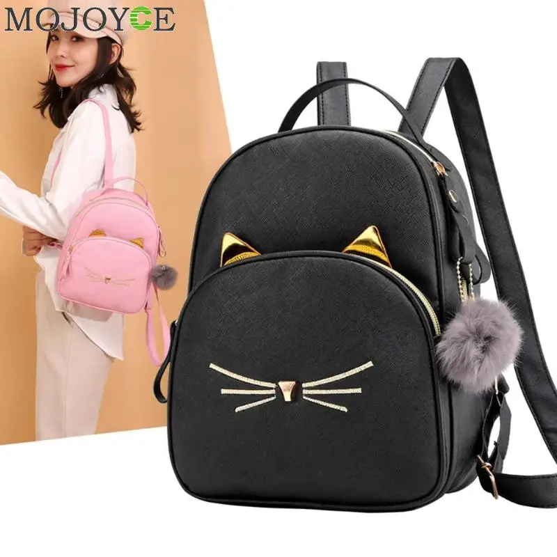  Women Rucksack Teenagers Backpack PU Leather School Bags for Girls Cartoon Cat Square Satchel Light - 32971086933