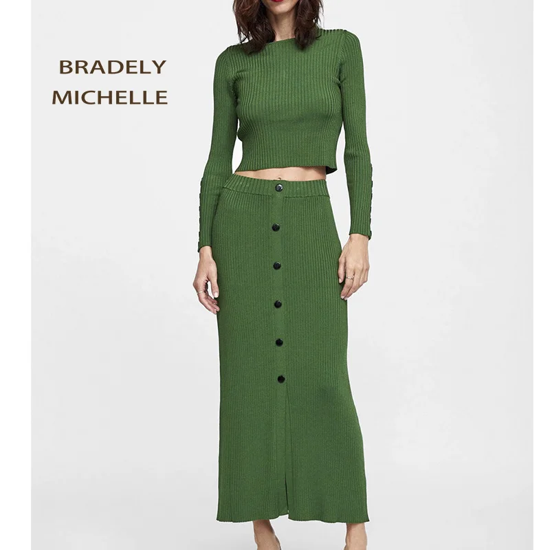 

autumn winter new fashion two pieces set women 2018 sexy long sleeve crop tops Elastic waist pencil skirt for sexy female