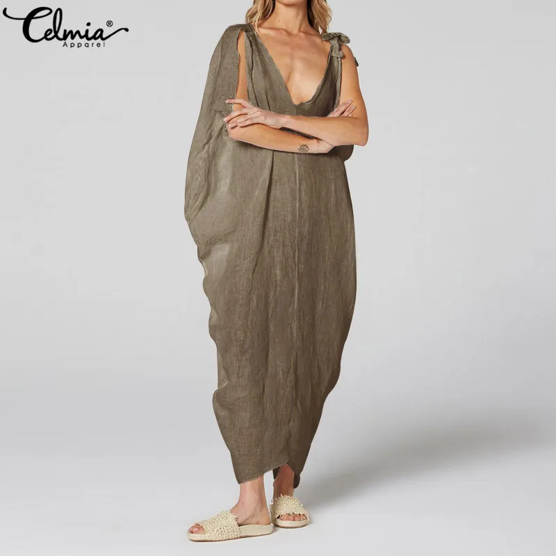 

2019 Celmia Women Vintage Long Dress Sexy V-neck Casual Sleeveless Asymmetric Baggy Pleated Maxi Dresses Summer Beach Vestidos 7