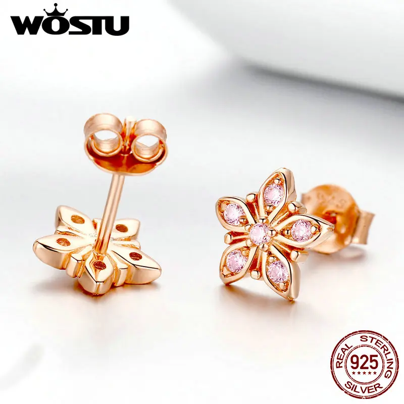 WOSTU, настоящее 925 пробы, серебряные серьги с цветком сакуры, розовое золото, миниатюрные серьги-гвоздики для женщин, для свадебной вечеринки, роскошные ювелирные изделия CTE034