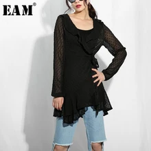 [EAM] новое осенне-зимнее платье с v-образным вырезом и длинным рукавом, модное женское платье в горошек с оборками и разрезом WA22201S
