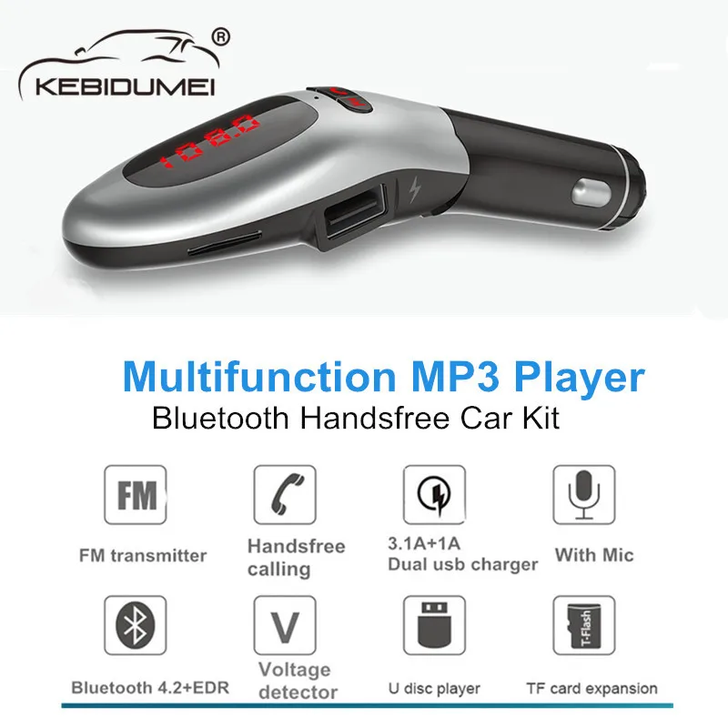 

FM Transmitter Bluetooth 4.2 Car Handsfree Kit 3.1A Dual USB Phone Charger Stereo Audio Receiver TF card USB AUX Voltage Display