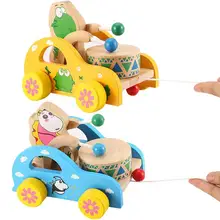 Мультяшные животные шаблон биение барабана деревянный буксировочный автомобиль игрушка детская забавная деревянная Тяговая тележка игрушка с длинной струной